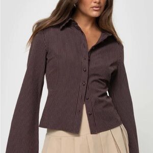 Princess Polly Brown Striped Fitted Long Sleeve Button Down